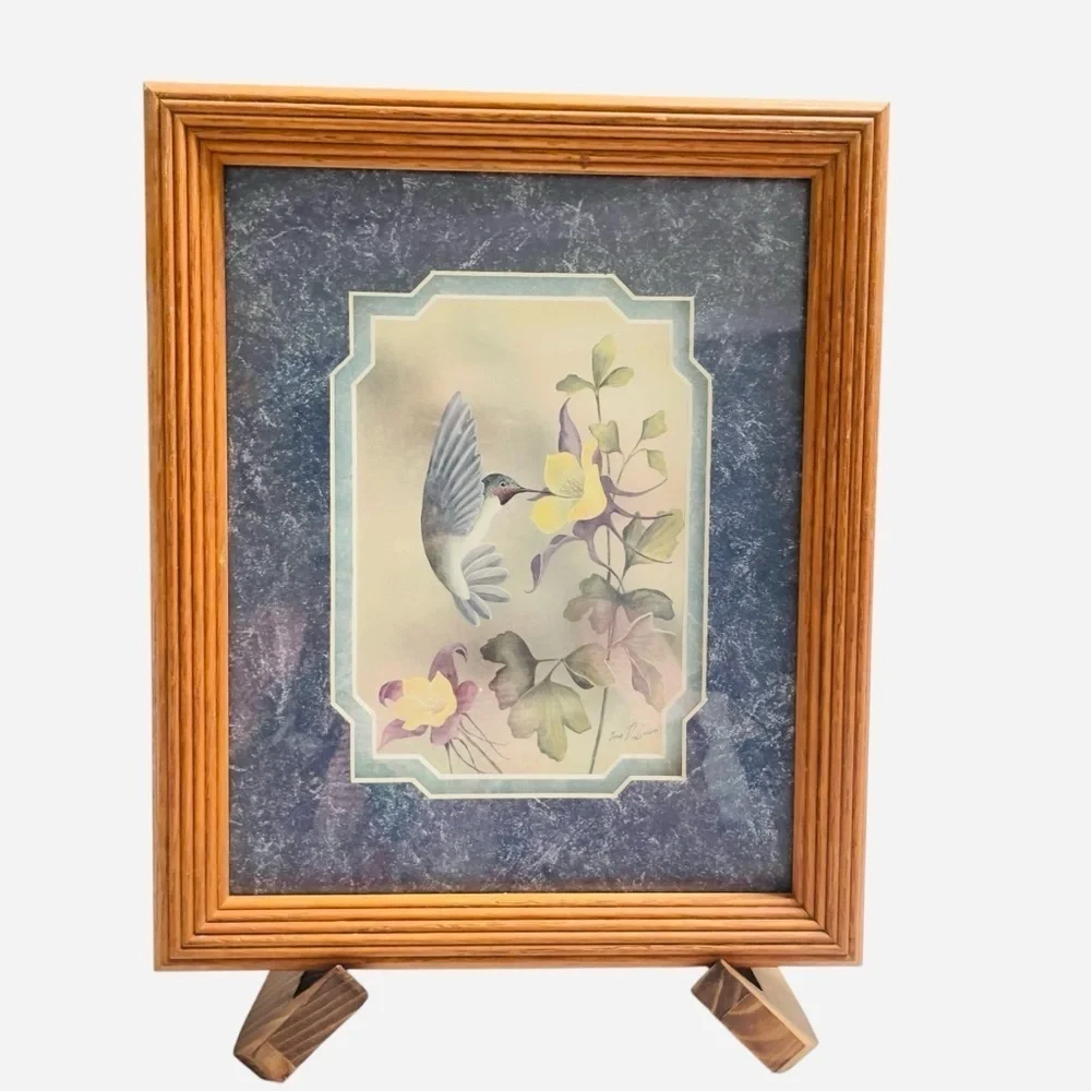 VTG Framed Hummingbird Botanical Prints Set of 2 Wood Frames Cottage Decor